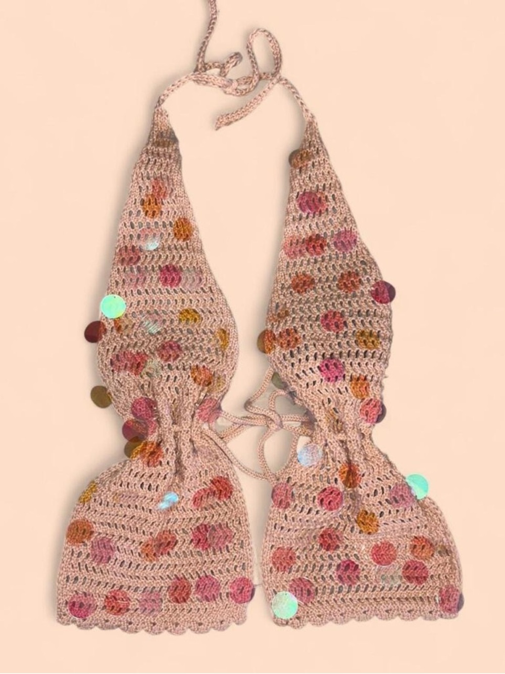 SHEIN Beige Crochet Crop Top with Multicolor Sequin Specks